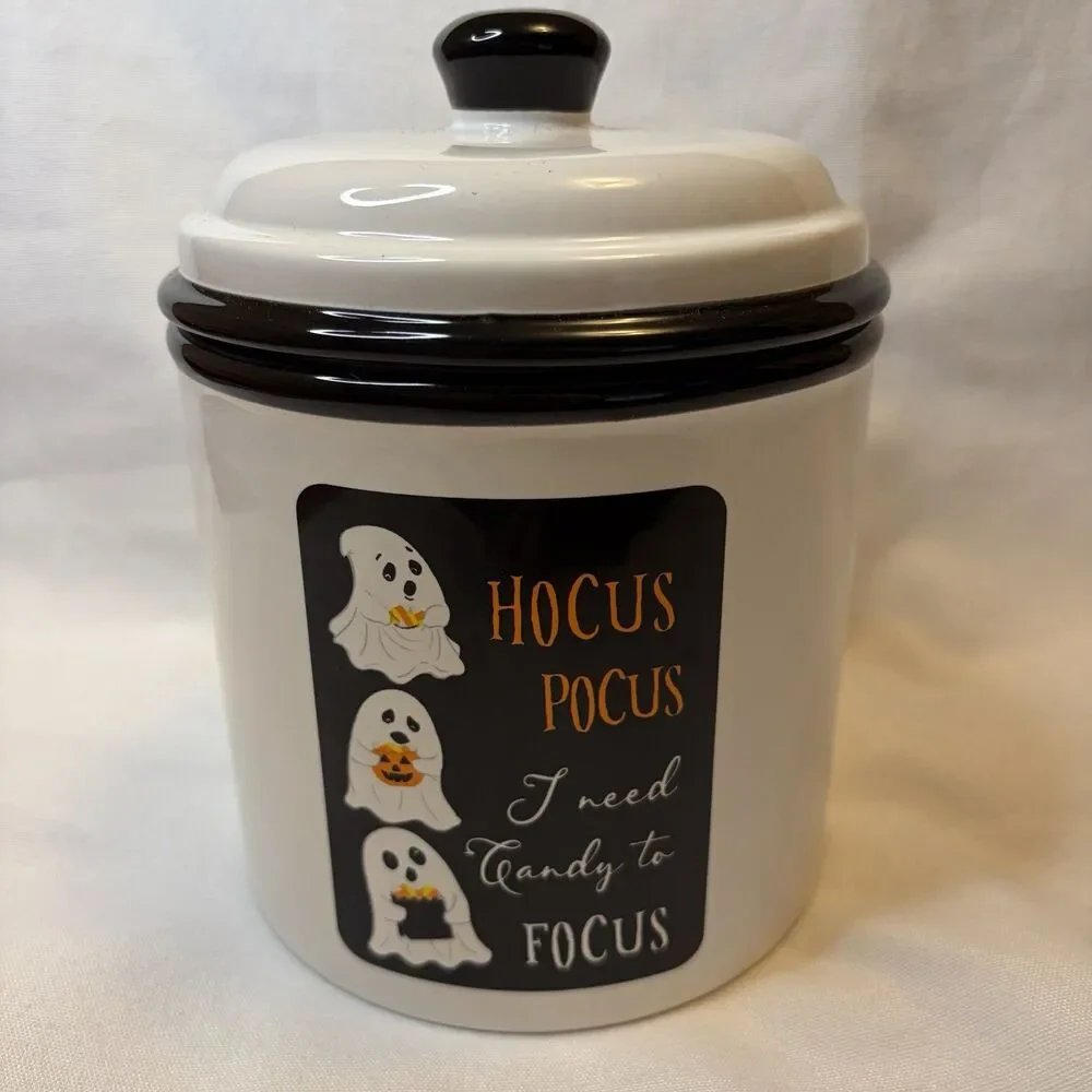 Halloween Hocus Pocus Ceramic Candy Canister & Lid 7.5” Ghosts Treats   Ashland